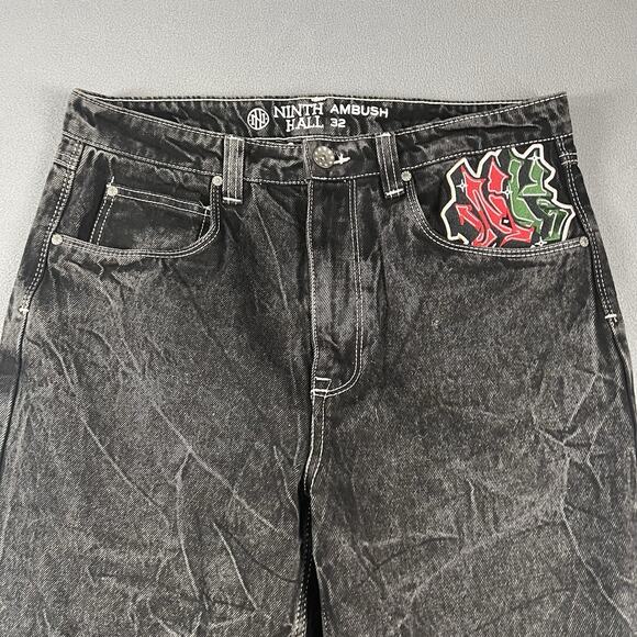 Ninth Hall Ambush Jeans Mens 32 Black Eagle Snake Baggy Wide Leg Hip Hop Y2K - Picture 2 of 14